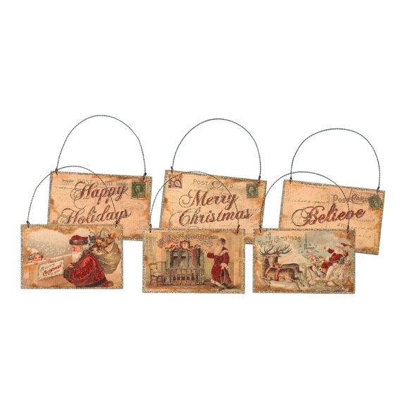 Vintage-Inspired Set Of 3 Christmas Postcard Ornaments Glitter Accents Wood - Picture 4 of 4